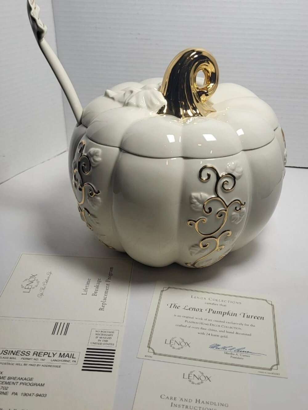 Lenox Pumpkin Tureen W/ Ladle 24k Gold Fall Thanksgiving 9" X 9" W/ Box And COA